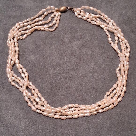 Vintage Freshwater Pearl 5 Strand Necklace Sterling Clasp - Picture 1 of 6